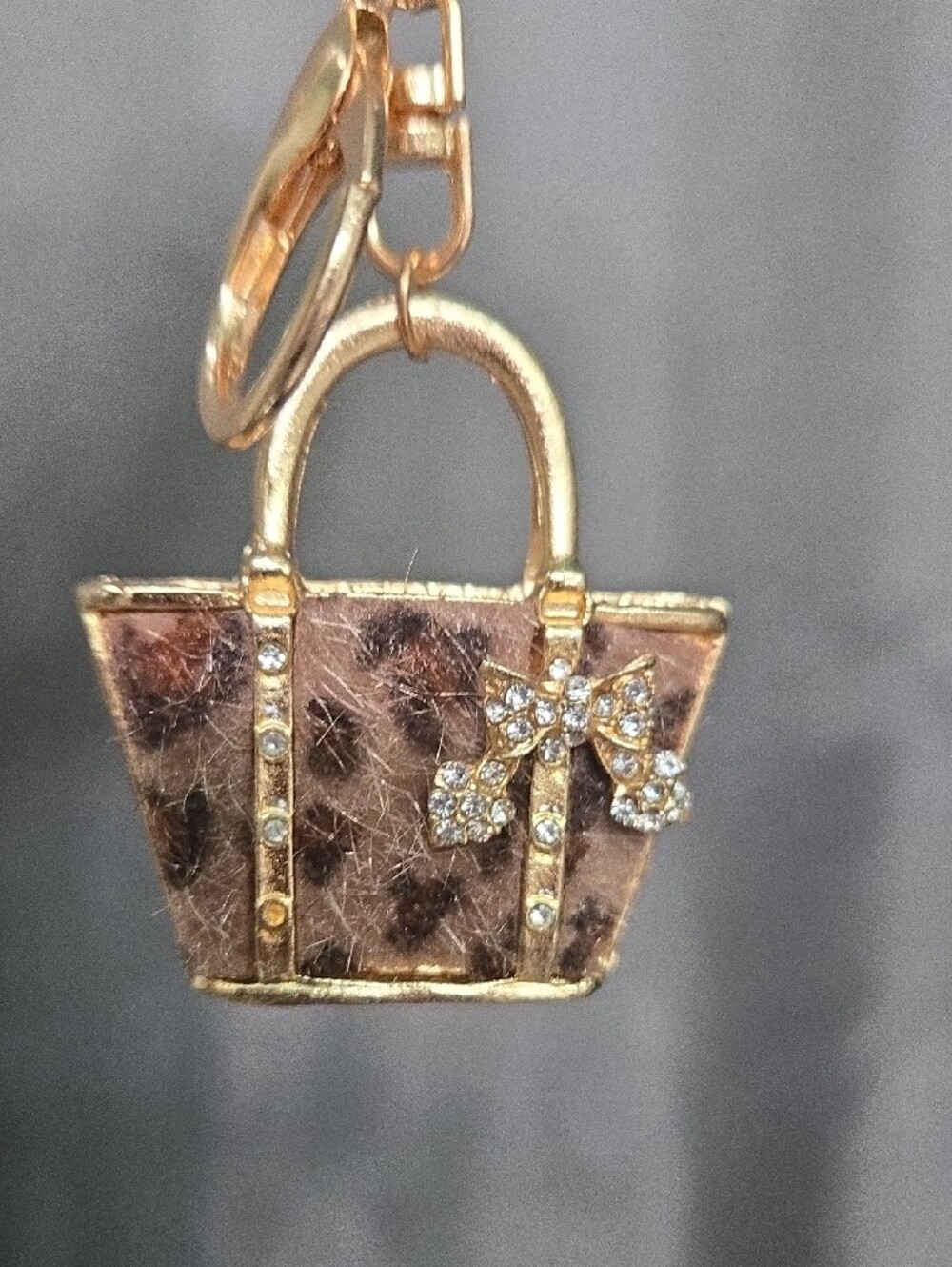 Gold-Tone Leopard Faux Fur Keychain / Bag Charm with Crystal Bow Accent - Picture 3 of 3